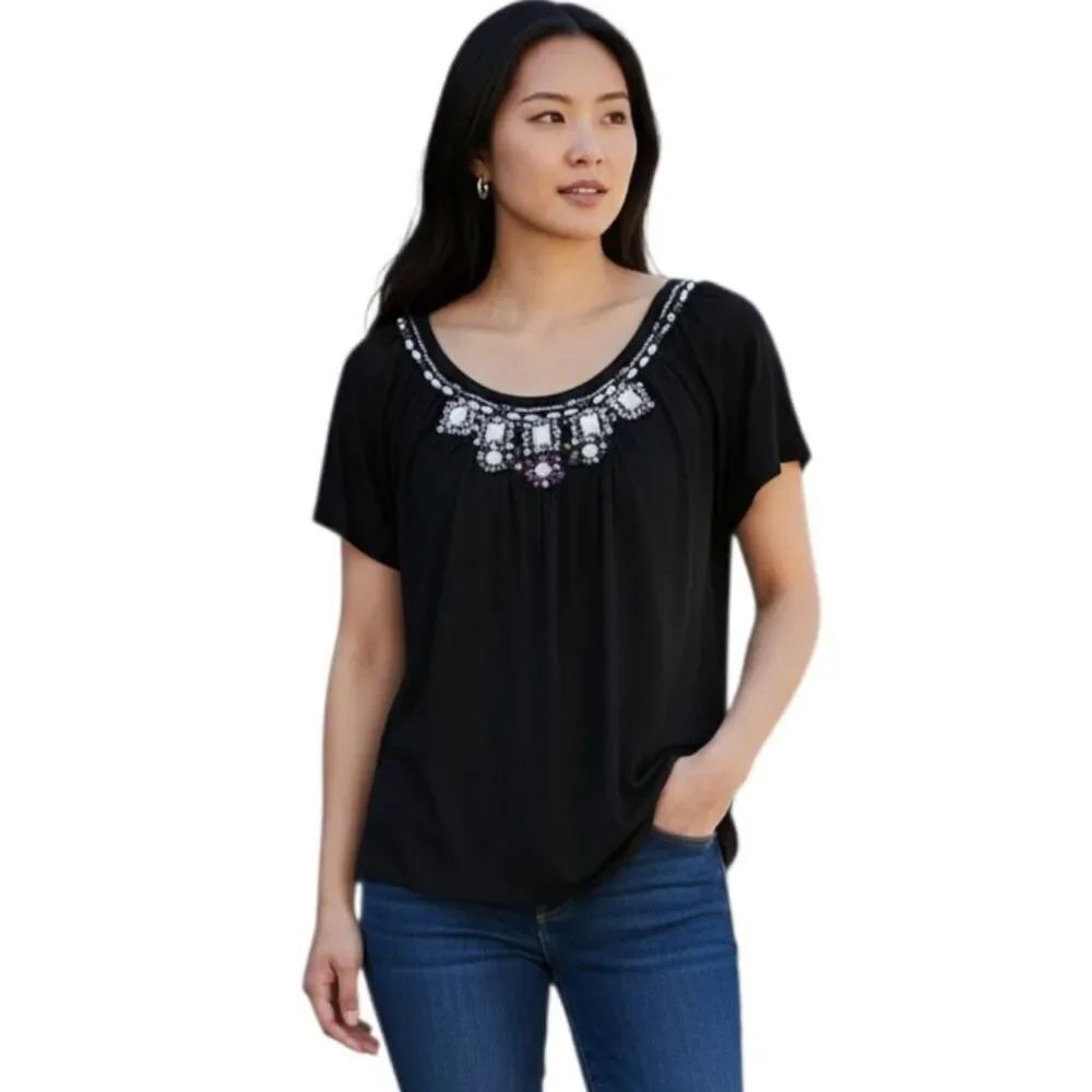 INC INTERNATIONAL CONCEPTS JEWELD BLACK TOP SZ.M EUC.